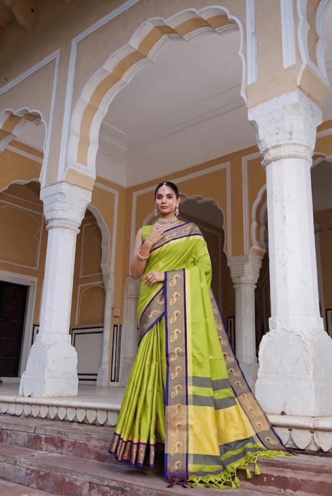 Elegant Lemon Green & Navy Blue Paithani Cotton Silk Mayurika Peacock Saree